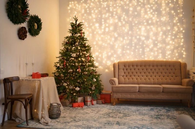 festive interior with comfortable sofa